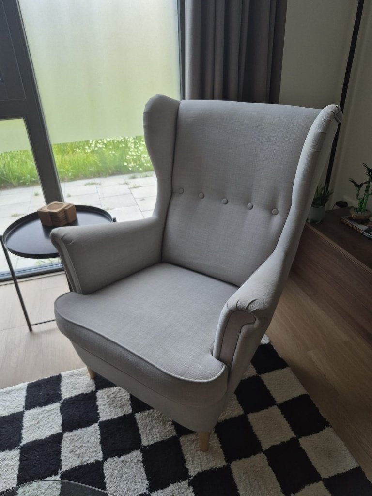 IKEA STRANDMON fauteuil, Huis en Inrichting, Fauteuils, Gebruikt, Hout, Stof, 75 tot 100 cm, 75 tot 100 cm, Ophalen