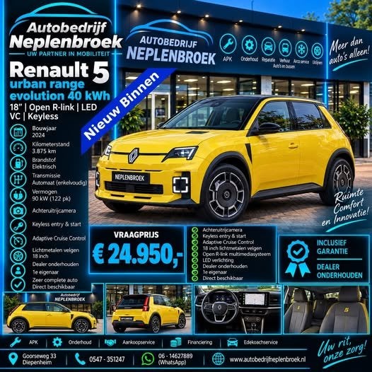 Renault 5 urban range evolution 40 kWh | 18" | Open R-link |, Auto's, Dealer onderhouden, Gebruikt, Zwart, Leder en Stof