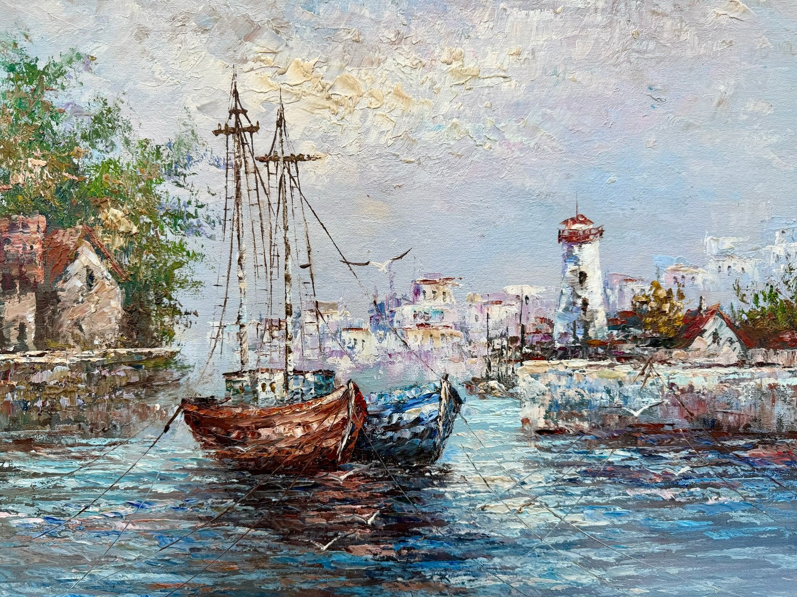 Schilderij: Maritiem Olieverf met Boten en Vuurtoren, Antiek en Kunst, Ophalen, Maritiem / water, Doek, Expressionistisch