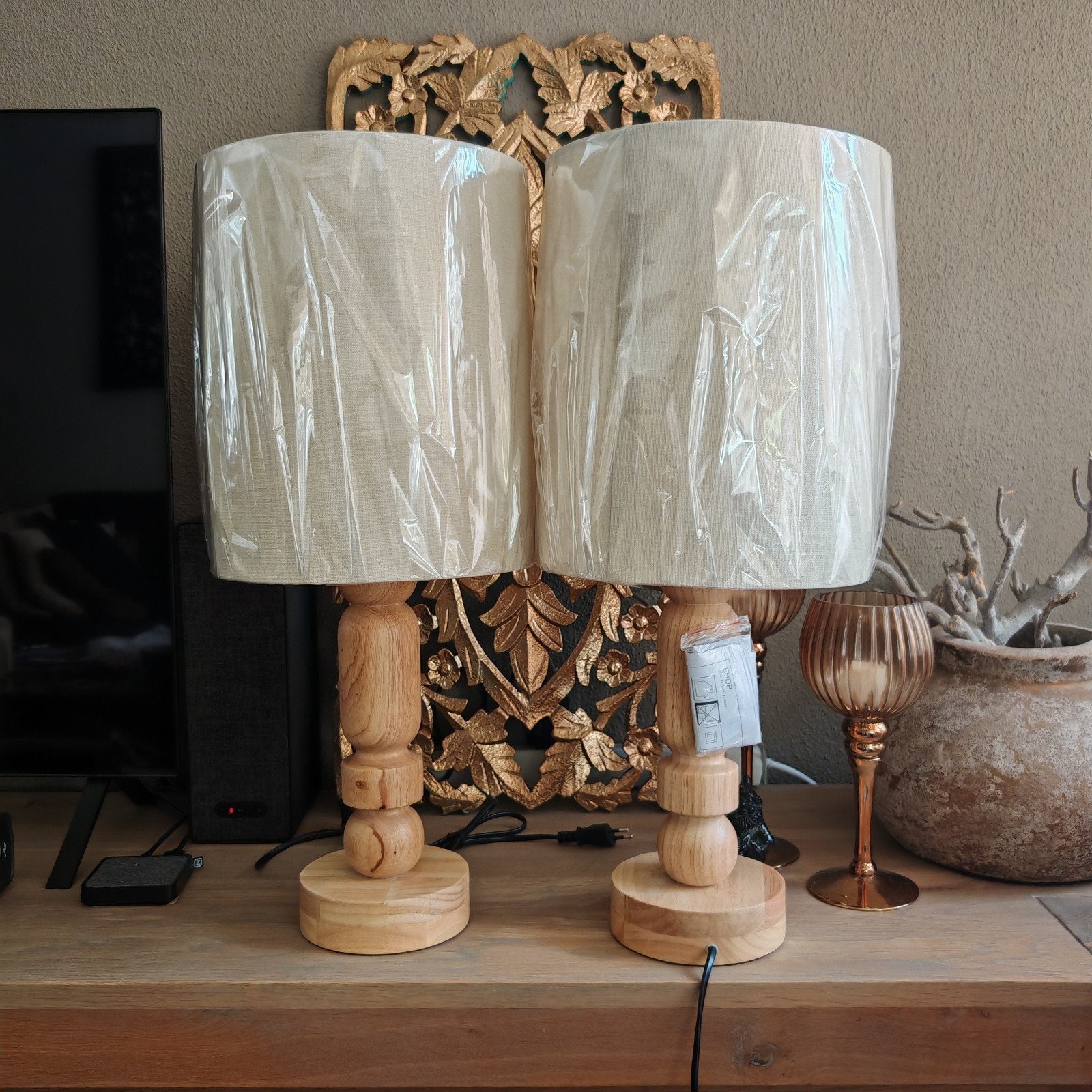 2 keer Tafel/schemerlamp, beige/hout Scandinavi, Huis en Inrichting, Lampen | Tafellampen, Beige, Natuurlijk materiaal, Nieuw