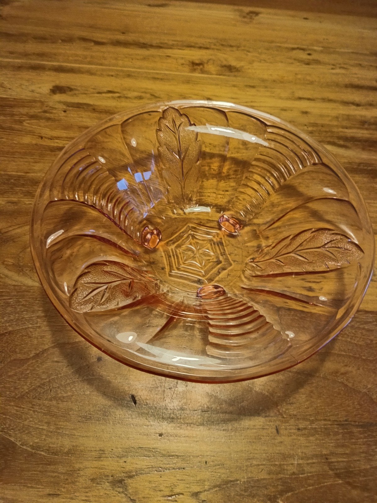schaal rose glas vintage bladmotief 26 CM doorsnede, Ophalen of Verzenden