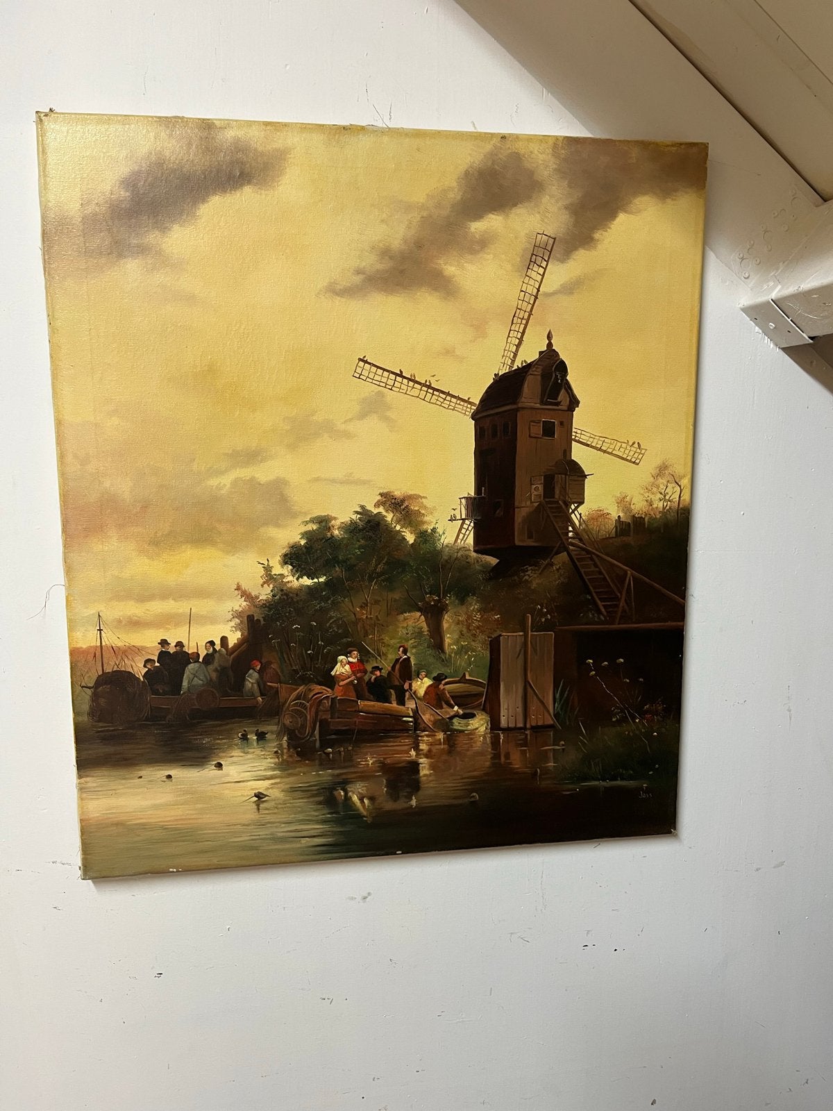 Klassiek Hollands Landschap met Molen en Figuren, Doek, Ophalen of Verzenden, Gesigneerd, Landschap
