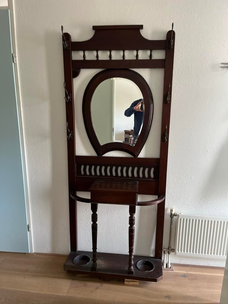 Antieke houten kapstok met spiegel en paraplubak, Ophalen, 50 tot 100 cm, 200 cm of meer