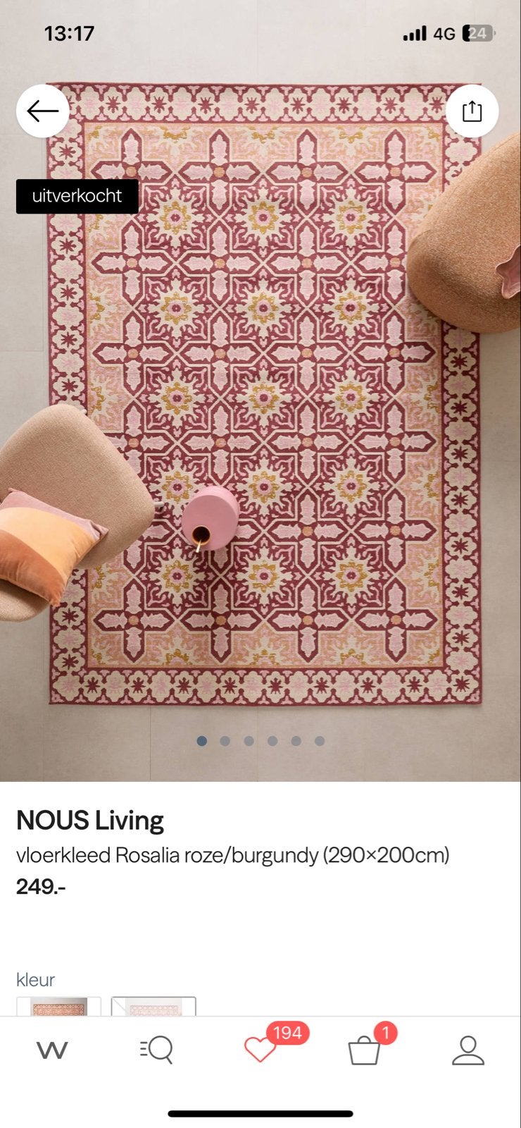GEZOCHT! Nous Living Rosalia vloerkleed 290x200 roze/burgund, Ophalen of Verzenden, Zo goed als nieuw, 200 cm of meer, Roze