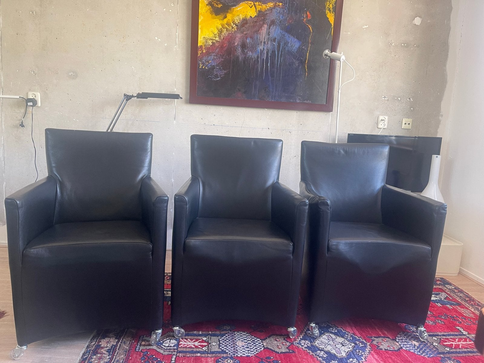 3x Bert Plantagie fauteuils - Zwart leer op wieltjes, Huis en Inrichting, Stoelen, Ophalen, Gebruikt, Drie, Zwart