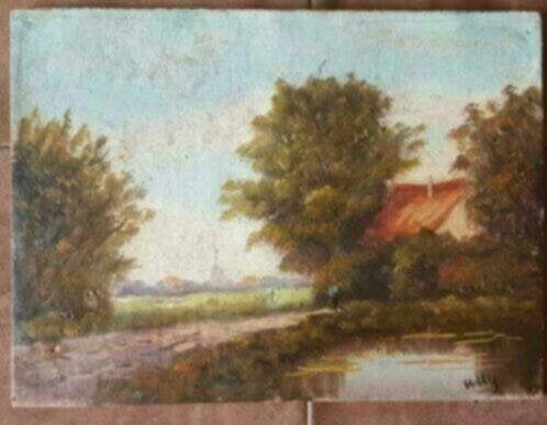 oud olieverf Hollands Landschap gesigneerd WIlly, Antiek en Kunst, Kunst | Schilderijen | Klassiek, Ophalen