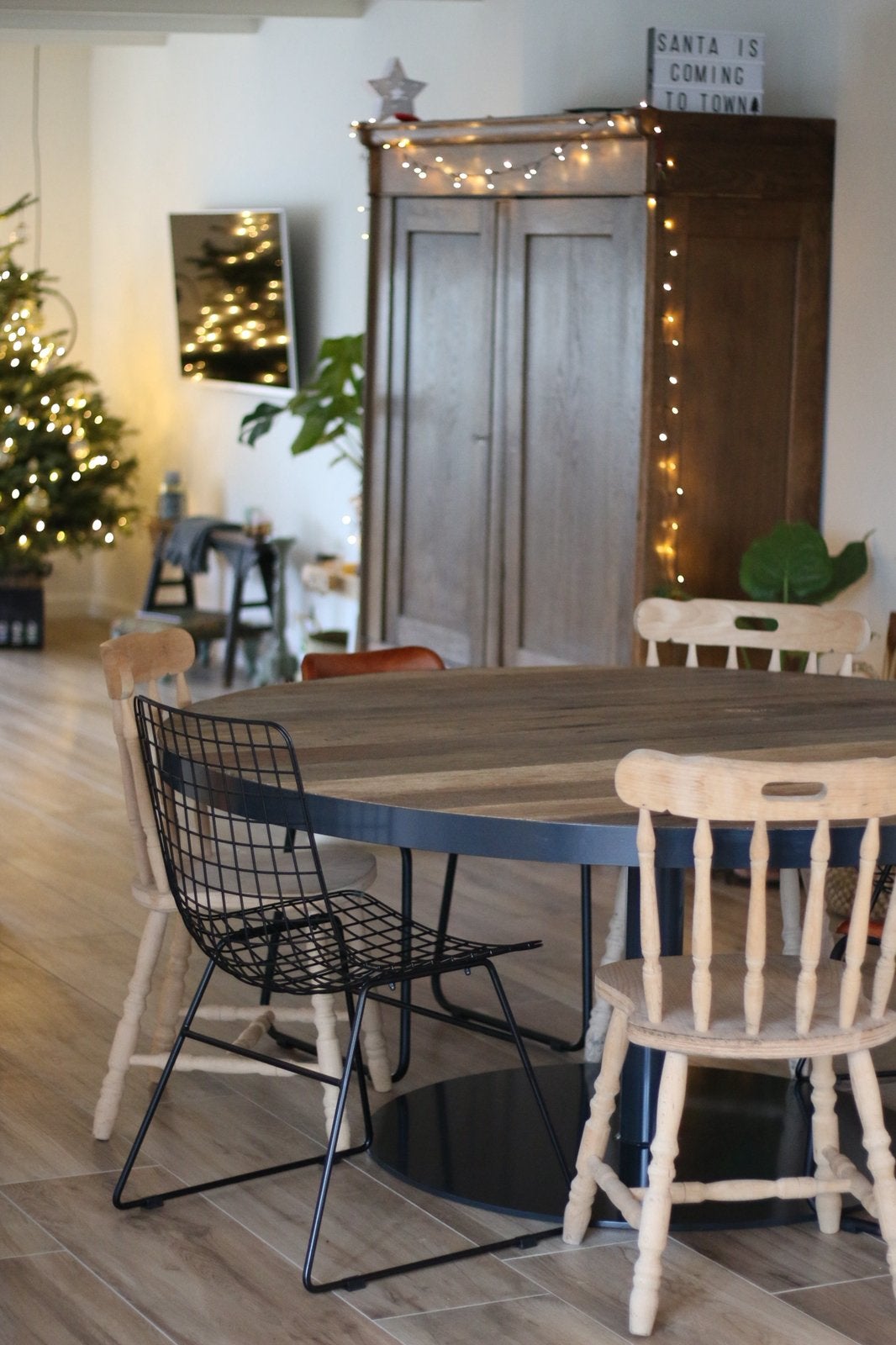 Ronde eettafel 170 cm barnwood hout, Ophalen, 100 tot 150 cm, Rond, Zo goed als nieuw