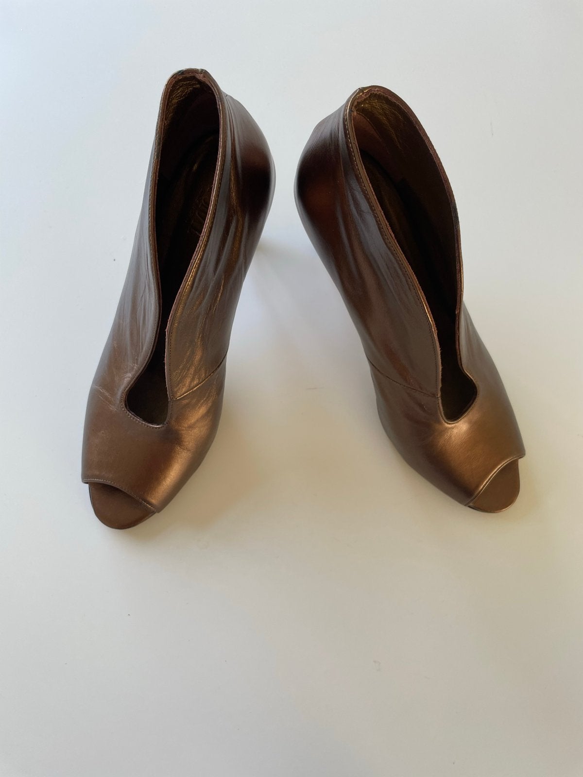Toral bronzen open-toe leren pumps booties met hak, maat 39, Ophalen of Verzenden, Zo goed als nieuw, Bruin, Schoenen met hoge hakken