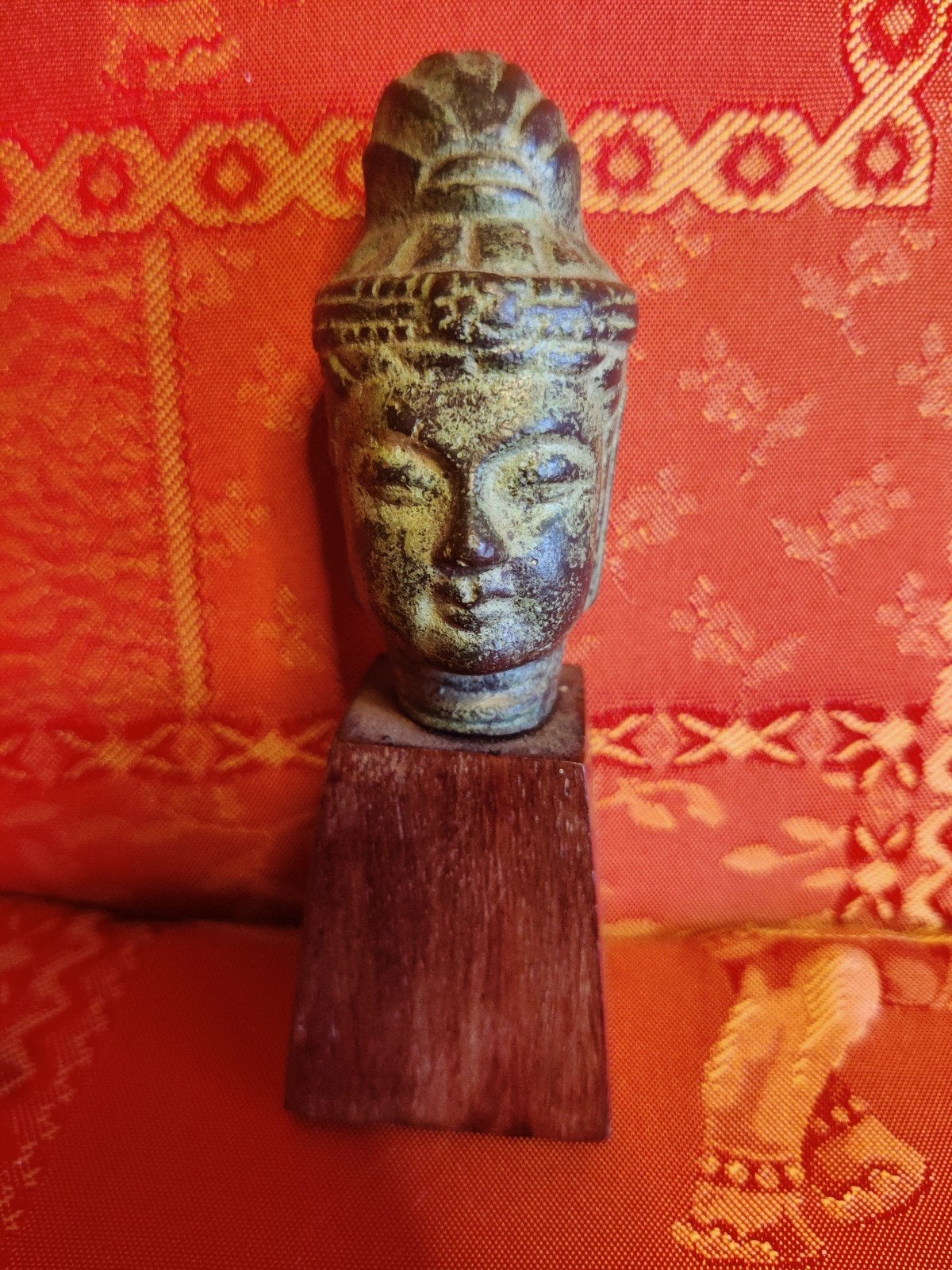 Vintage Boeddha Buste op Sokkel - Aziatische Kunst, Minder dan 20 cm, Buste, Gepatineerd, Ophalen of Verzenden