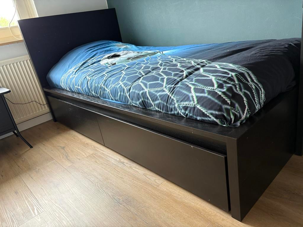Ikea Zwart bedframe met opberglades (zonder matras), Ophalen, Gebruikt, 90 cm, Eenpersoons