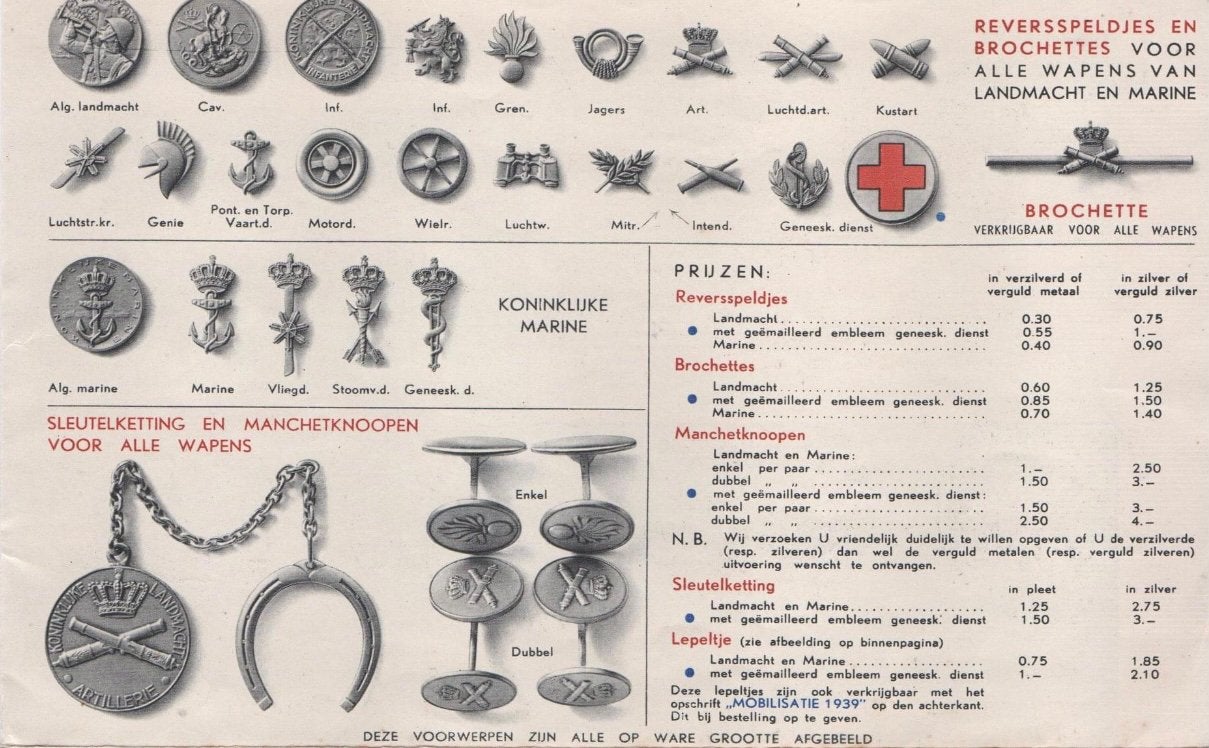 Speldjes Mobilisatie serie 1939 1940 Begeer Voorschoten, Verzamelen, Ophalen of Verzenden, Landmacht, Nederland, Embleem of Badge