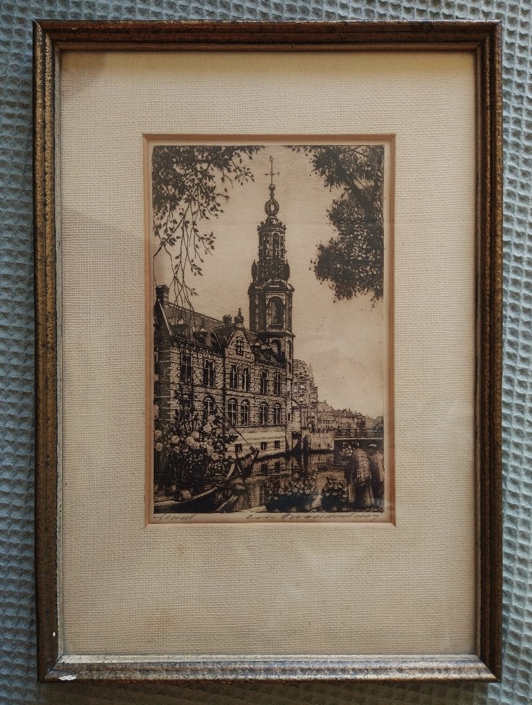 Ets Cornelis Brandenburg - Munt Amsterdam bloemenmarkt, Ingelijst, Ets, Stadsgezicht, Ophalen of Verzenden