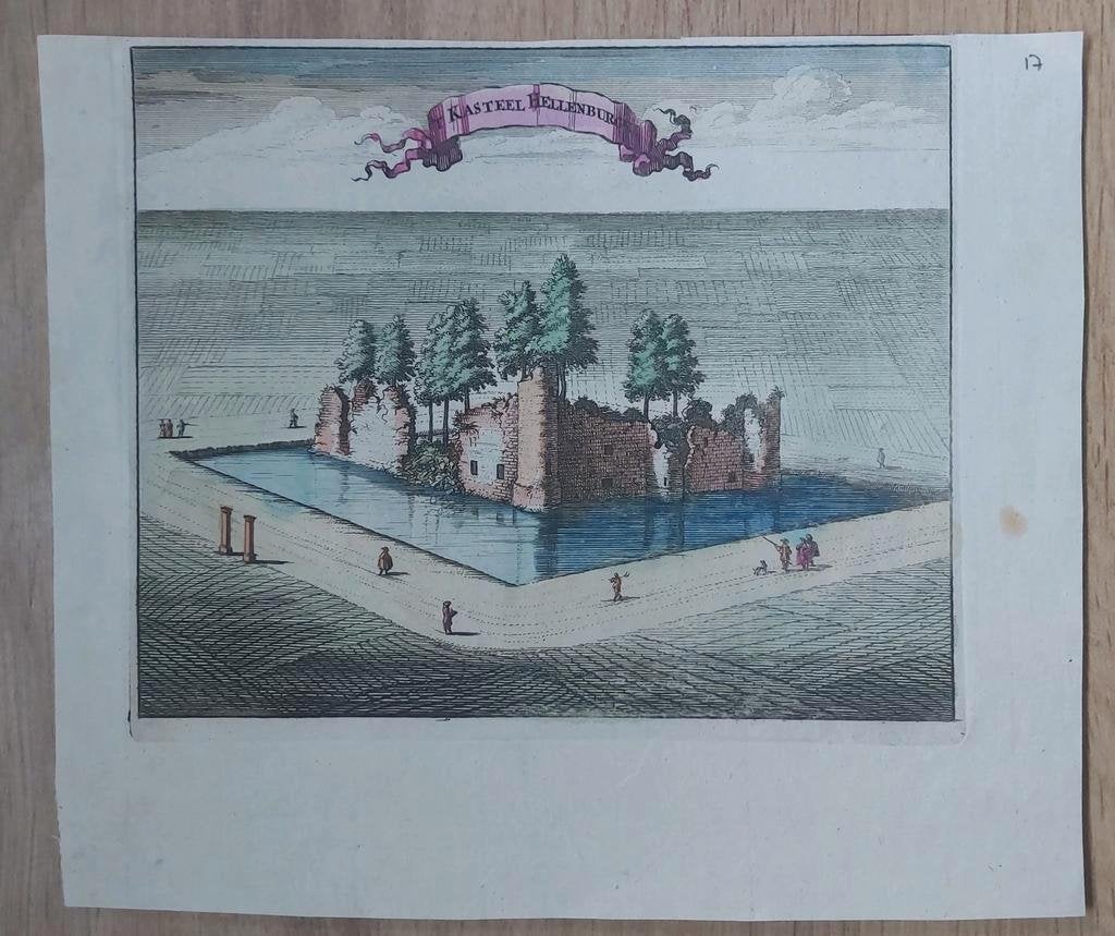 17 / Kasteel Hellenburg Baarland gekleurde gravure uit 1696, Ophalen of Verzenden