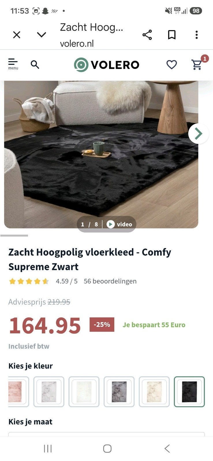 Volero Fraailiving Comfy Supreme zwart hoogpolig vloerkleed, Ophalen, Modern, Comfortabel, 100 tot 150 cm, Zwart