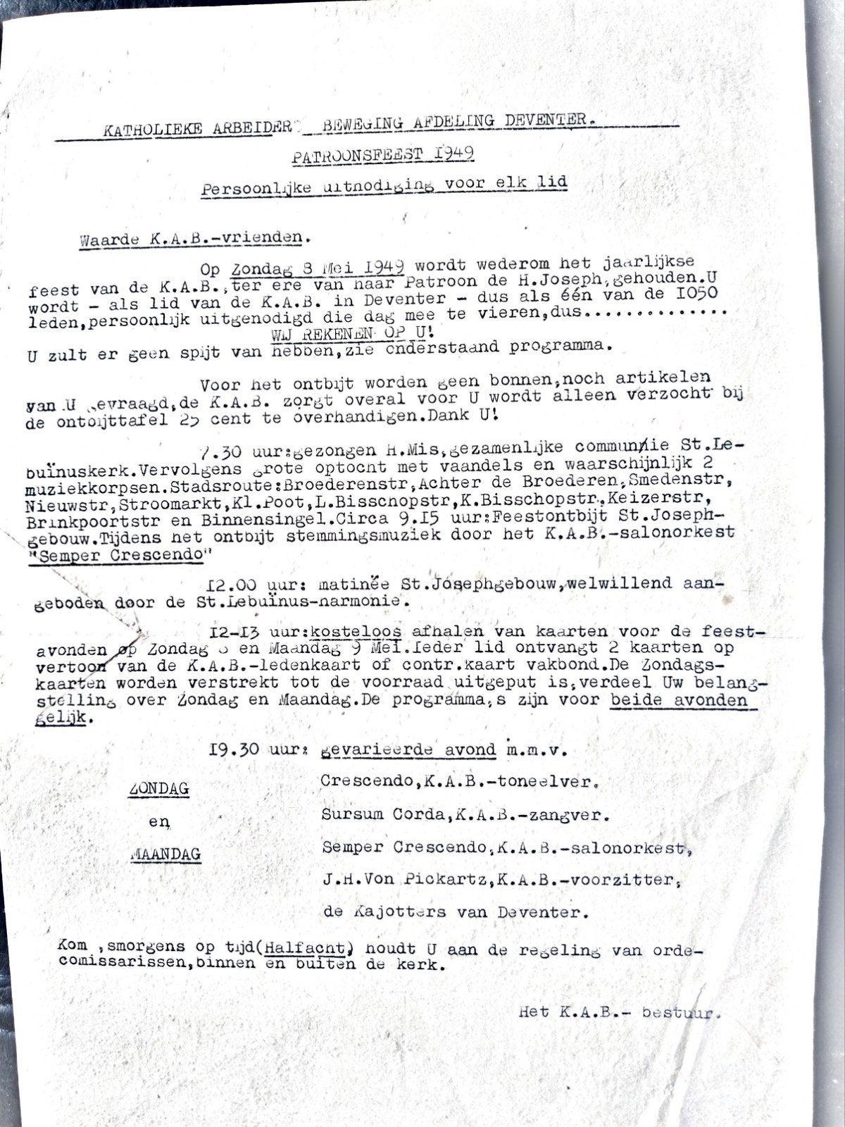 KAB Patroonsfeest Deventer 1949 - Persoonlijke uitnodiging, Ophalen of Verzenden, 1940 tot 1960, Nederland, Knipsel(s)