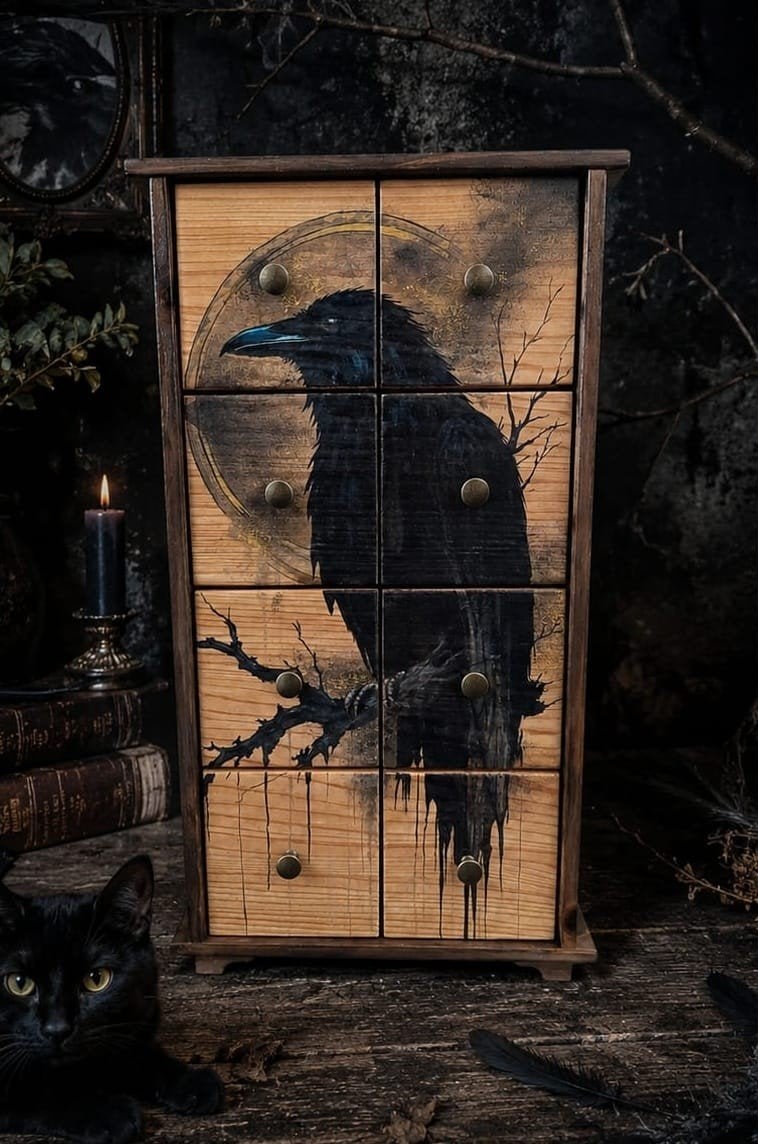 Handgeschilderd Gotisch Raven Thee Kastje - Uniek & Rustiek, Ophalen of Verzenden, Nieuw, 25 tot 50 cm