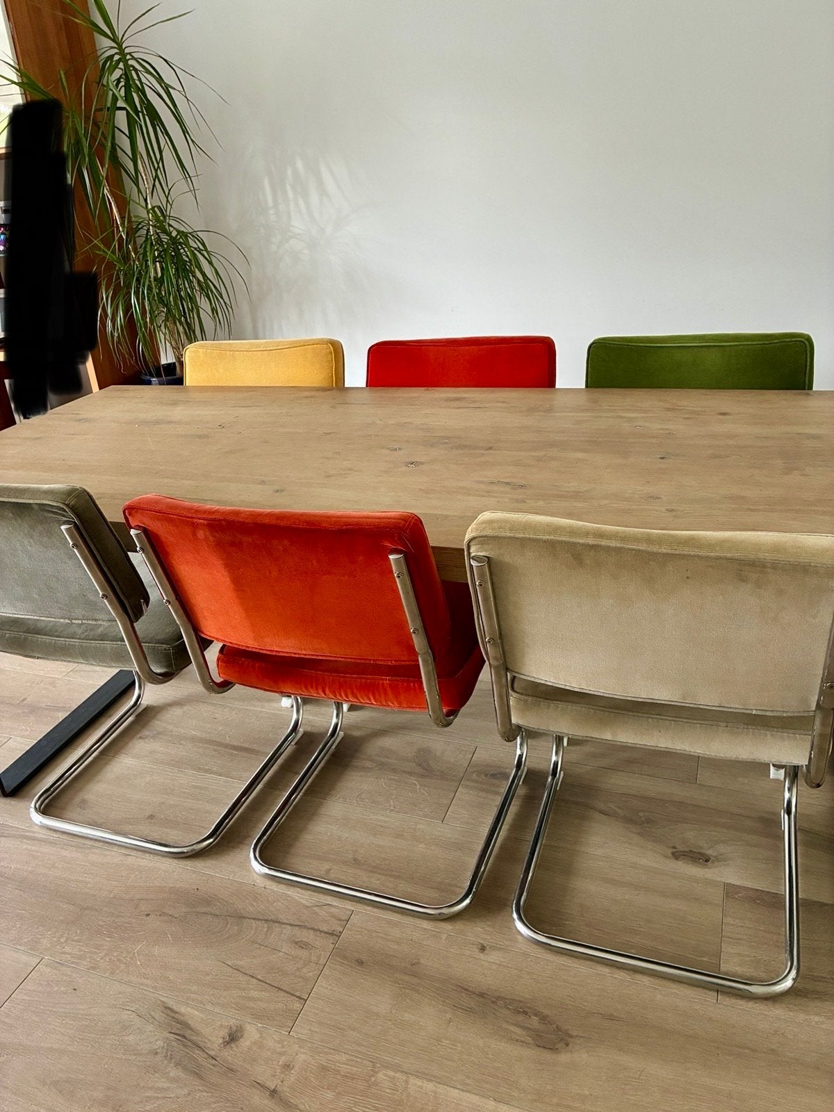 Set van 6 vintage look eetkamerstoelen met ribstof, Ophalen, Gebruikt, Overige kleuren, Metaal