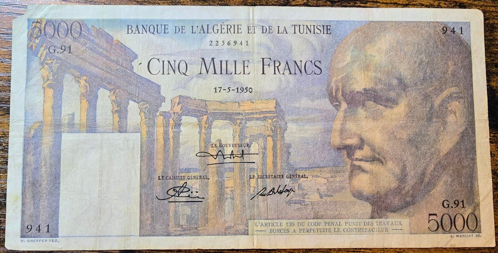 5000 Frank Algerije en Tunesië 1950, Ophalen of Verzenden