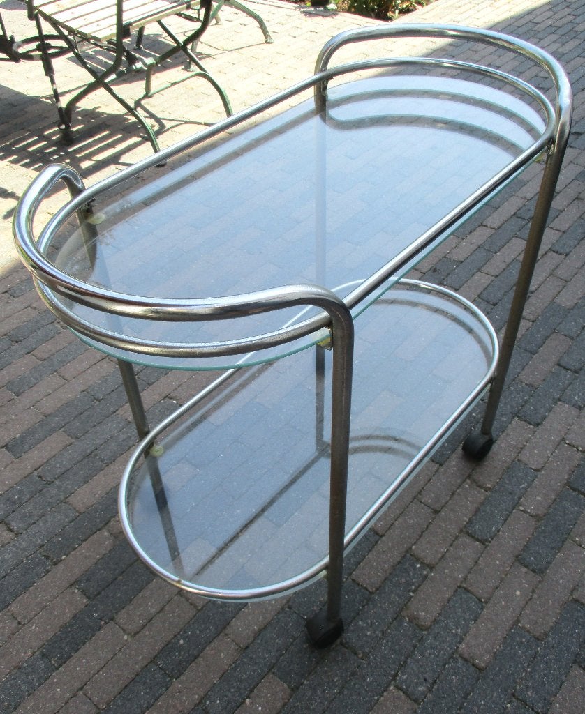Retro vintage trolly serveerwagen glas met chroom, Ophalen, Gebruikt, Glas, 75 cm of meer