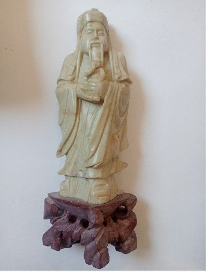 Oude Chinese Wijze met Kind - Handgesneden Steen, Ophalen of Verzenden, 20 - 50 cm, Steen of Keramiek, Beeld