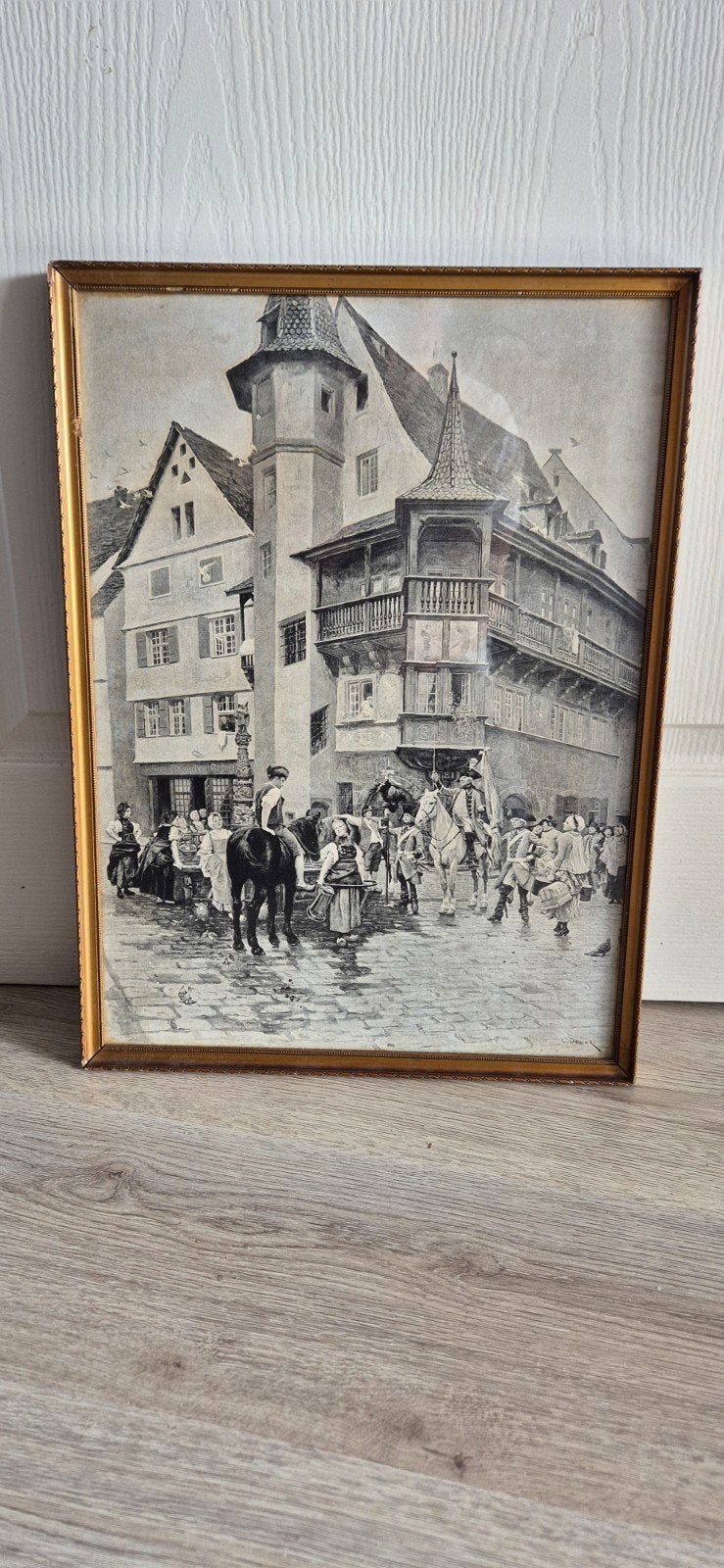 Antieke prent van C. Delort - Stadsgezicht met figuren, Antiek en Kunst, Ophalen, Print, Prent, Gesigneerd