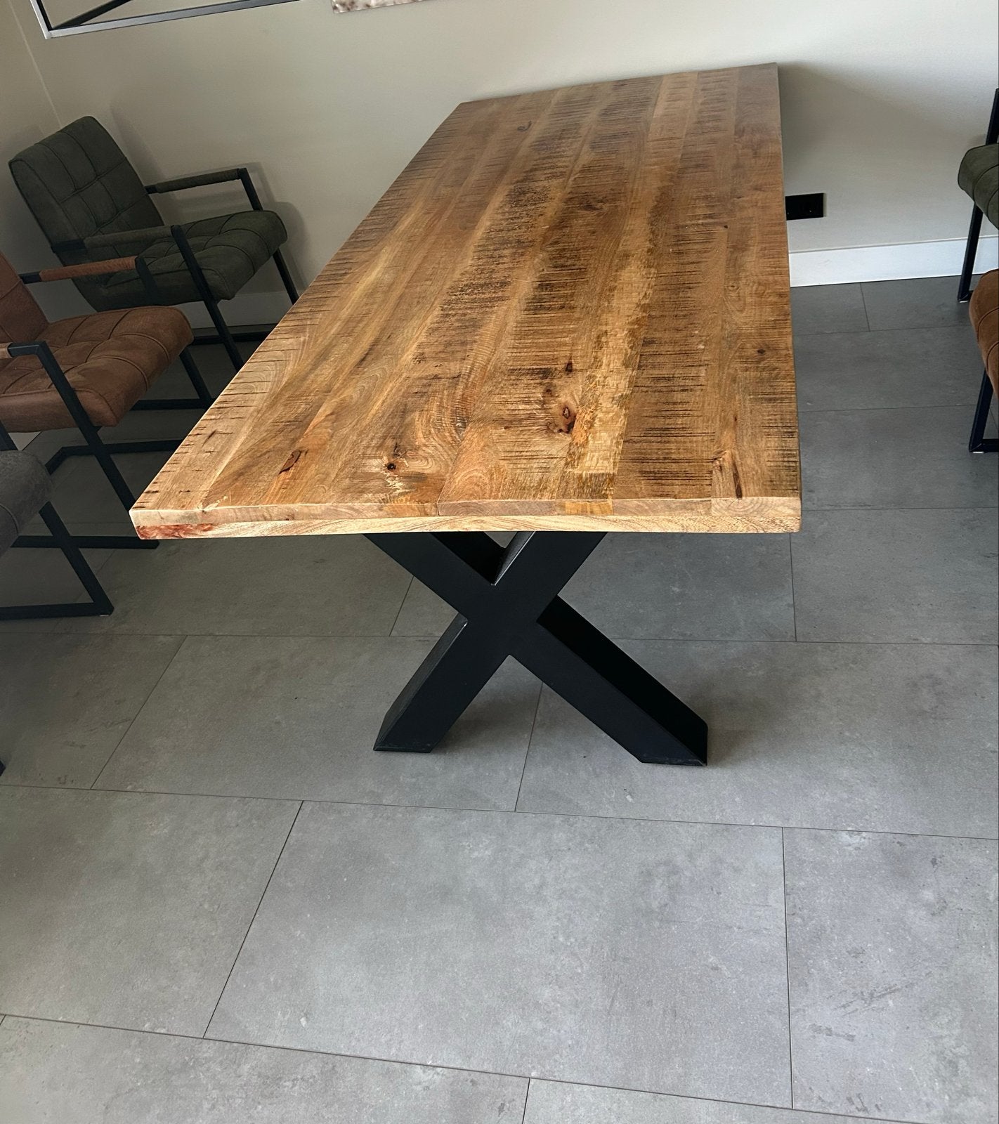 Rechthoekige Mangohouten Eettafel met X-poot (220x100), Huis en Inrichting, Ophalen, 100 tot 150 cm, 200 cm of meer, Zo goed als nieuw