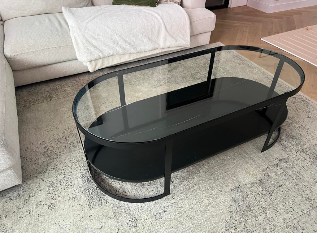 Glass and marble black coffee table, Ophalen, Gebruikt, 100 tot 150 cm, 50 tot 100 cm