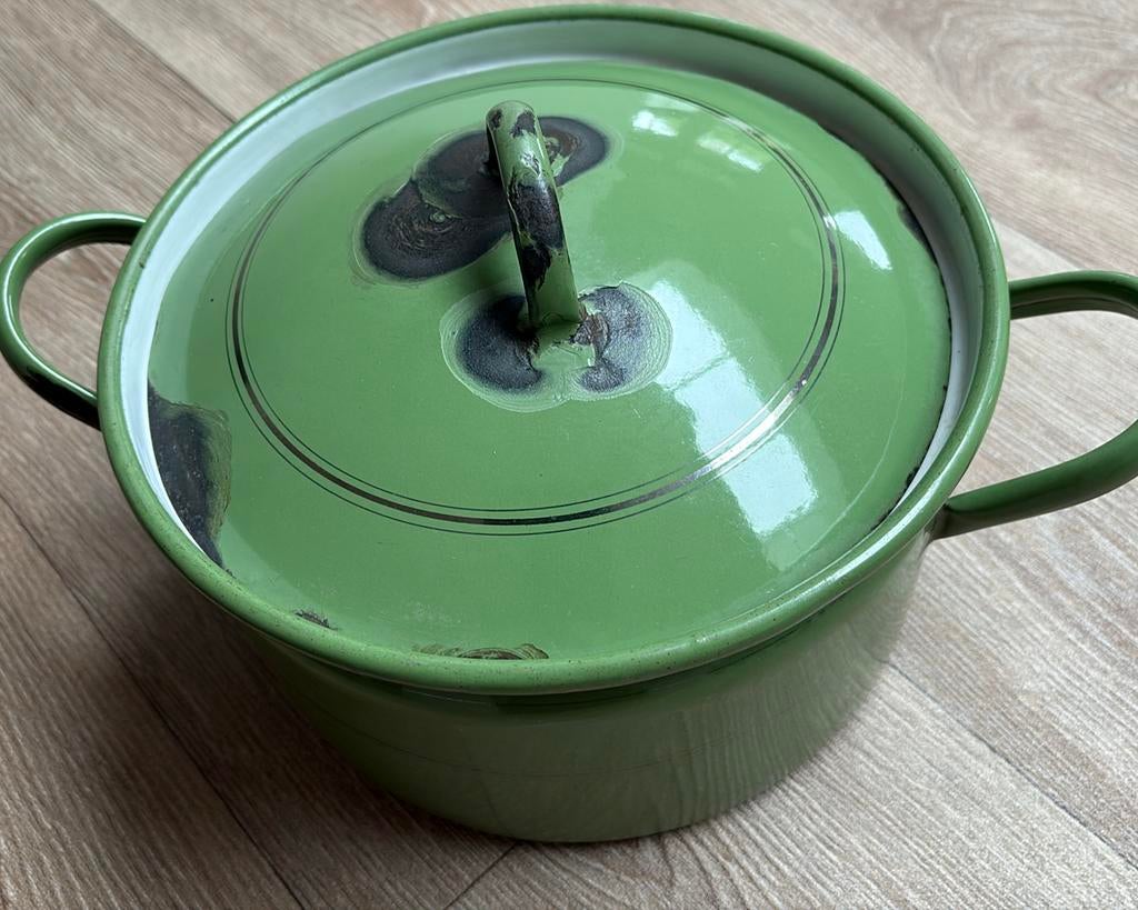 EMAILLE GROENE GROTE PAN VINTAGE, Ophalen of Verzenden, Zo goed als nieuw, Overige materialen
