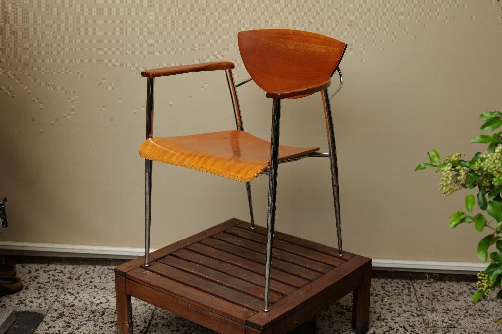 Vintage stoel (hout & chroom), Ophalen, Gebruikt, Bruin, Vintage