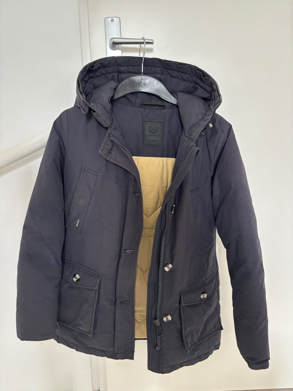 Donkerblauwe winterjas met capuchon air force 12year, Ophalen of Verzenden, Zo goed als nieuw, Jongen, Jas