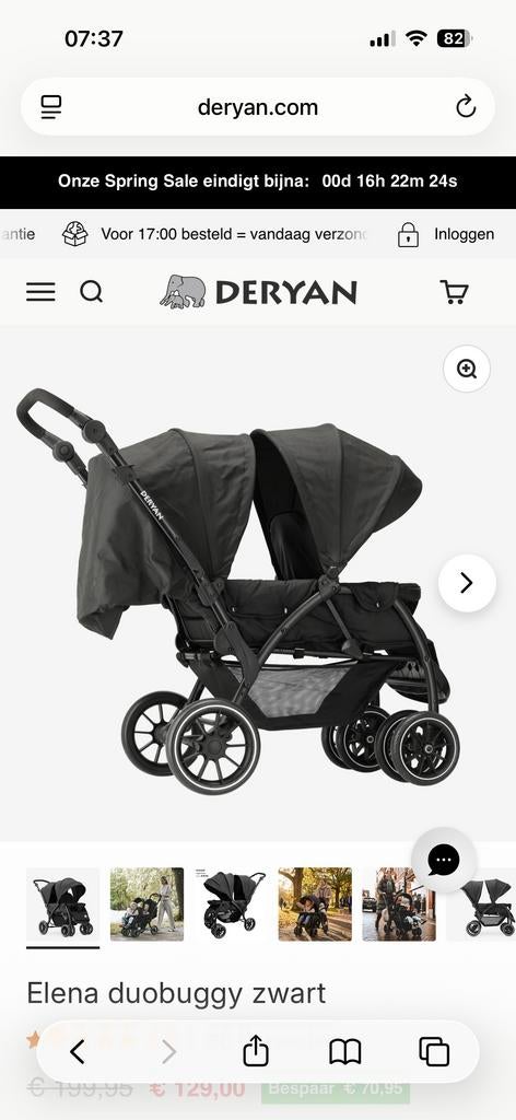 Deryan Elena Duobuggy Zwart - Comfortabele Tweelingwagen, Ophalen of Verzenden, Zo goed als nieuw, Overige merken, Duomodel