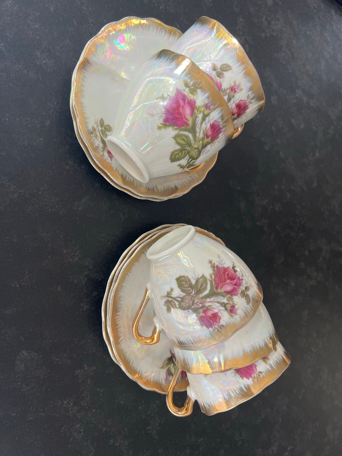 Set van 5 Antieke Theekopjes met Schotels - Rozenmotief, Antiek en Kunst, Antiek | Servies los, Ophalen