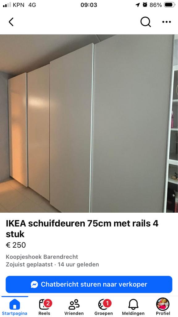 IKEA Schuifdeuren 75cm met rails (4 stuks) EUR 150, Ophalen, Overige materialen, Gebruikt, 200 cm of meer