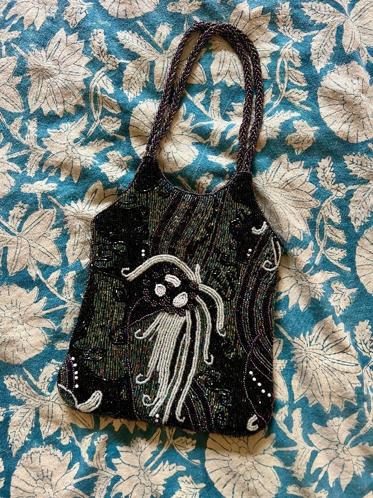 Vintage antiek boho kralentasje damestasje avondtasje tasje, Ophalen of Verzenden, Zo goed als nieuw, Zwart, Avondtasje