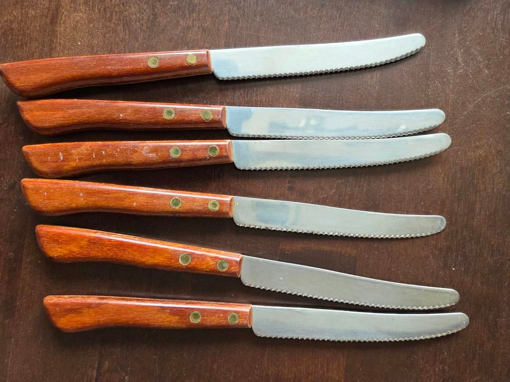 Vintage set van 6 tafelmessen met houten handvat, Huis en Inrichting, Ophalen of Verzenden