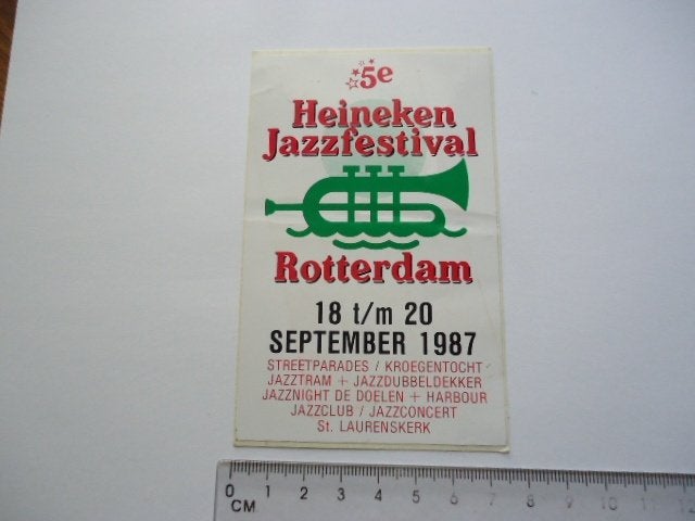 sticker oud Heineken JAZZ Festival 1987 muziek rotterdam re, Verzenden, Zo goed als nieuw, Bedrijf of Vereniging