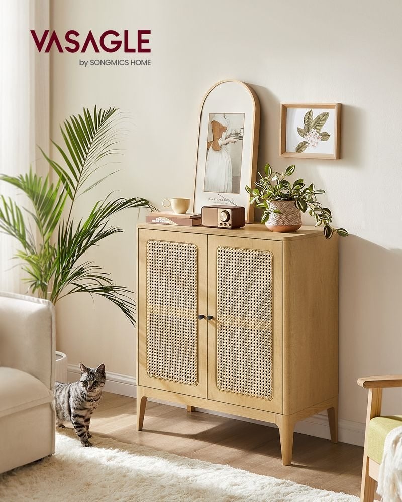 Dressoir–Opbergkast  Rotan Deuren-80x40x90 cm–Naturel Hout, Ophalen, Zo goed als nieuw, 25 tot 50 cm, 100 tot 150 cm