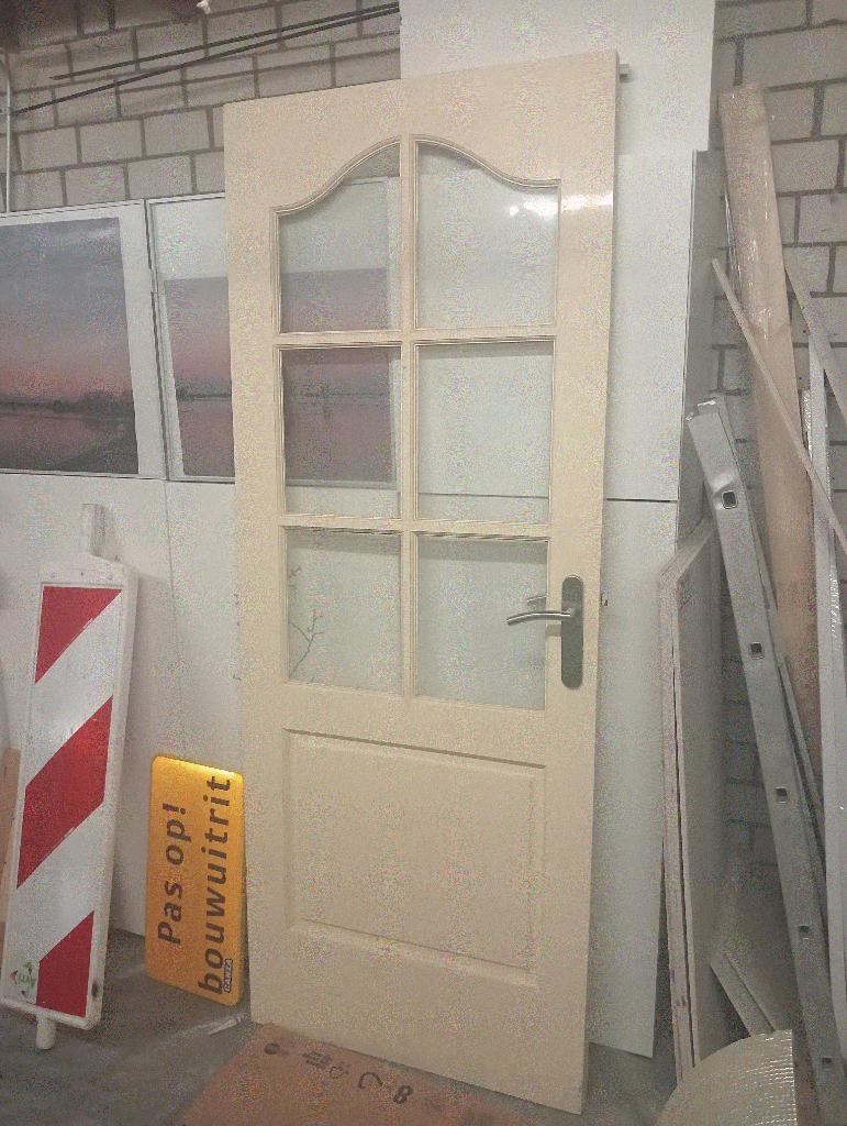 Deur met glas vlakken, hardhout 211 bij 82.2 cm, Ophalen, Gevelraam of Ruit, Gebruikt, Minder dan 80 cm