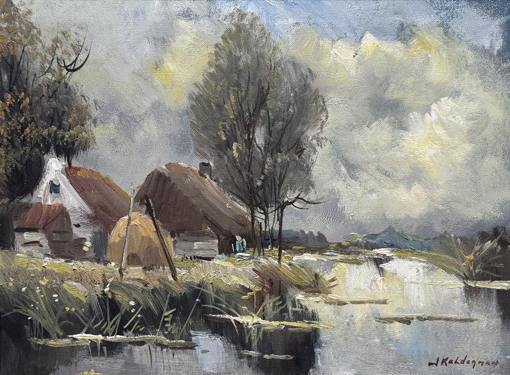 Jan Kelderman (1914-1990) - Boerderij langs vaart, Antiek en Kunst, Ophalen of Verzenden