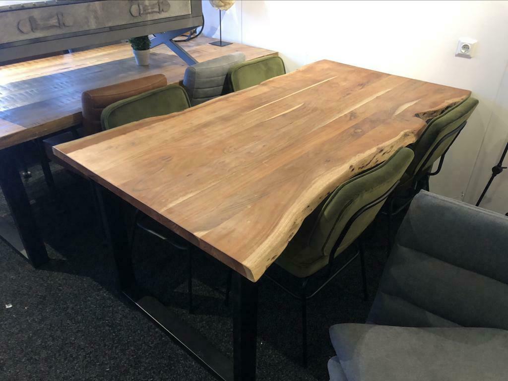 Boomstam tafel acacia 180x90 massief blad stalen u poten, Ophalen of Verzenden, Nieuw, Overige vormen, 150 tot 200 cm