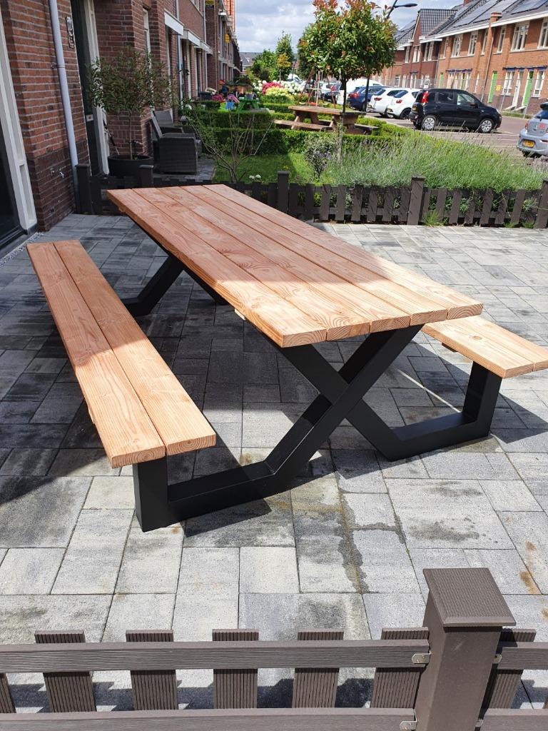 Picknicktafel 200cm Douglas hout stalen X Onderstel Verzinkt, Ophalen of Verzenden, Nieuw, Rechthoekig, Overige materialen