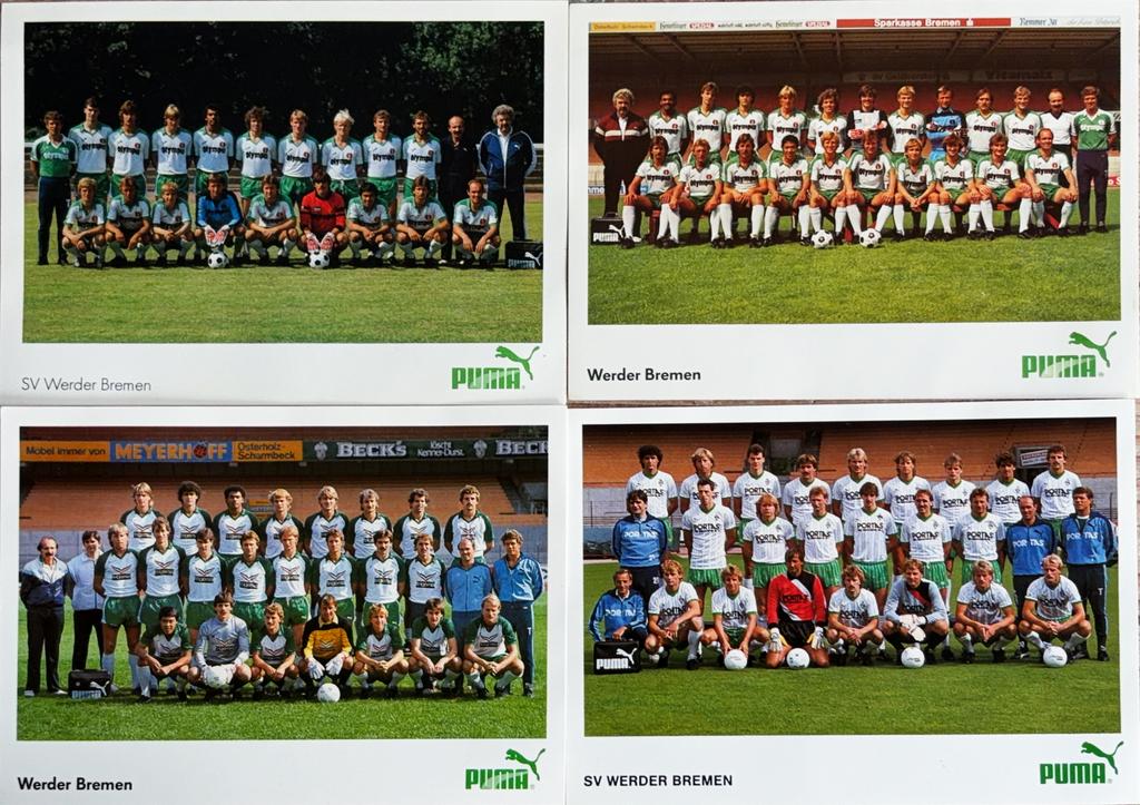 4 Elftalkaarten Werder Bremen - Jaren 80 - Puma reclame, Verzamelen, Ophalen of Verzenden, Zo goed als nieuw, Feyenoord, Spelerskaart