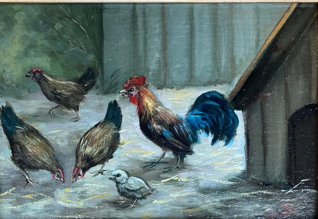 Schilderij haan met kippen op paneel., Ophalen of Verzenden