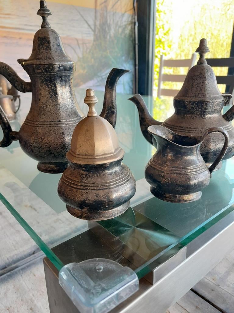 Sierlijk tinnen set: Suikerpot, melkkan, theepot, Ophalen of Verzenden
