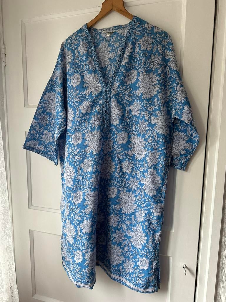 Indiase blockprint katoenen blauw wit gebloemde jurk Indiska, Ophalen of Verzenden, Zo goed als nieuw, Maat 38/40 (M), Blauw