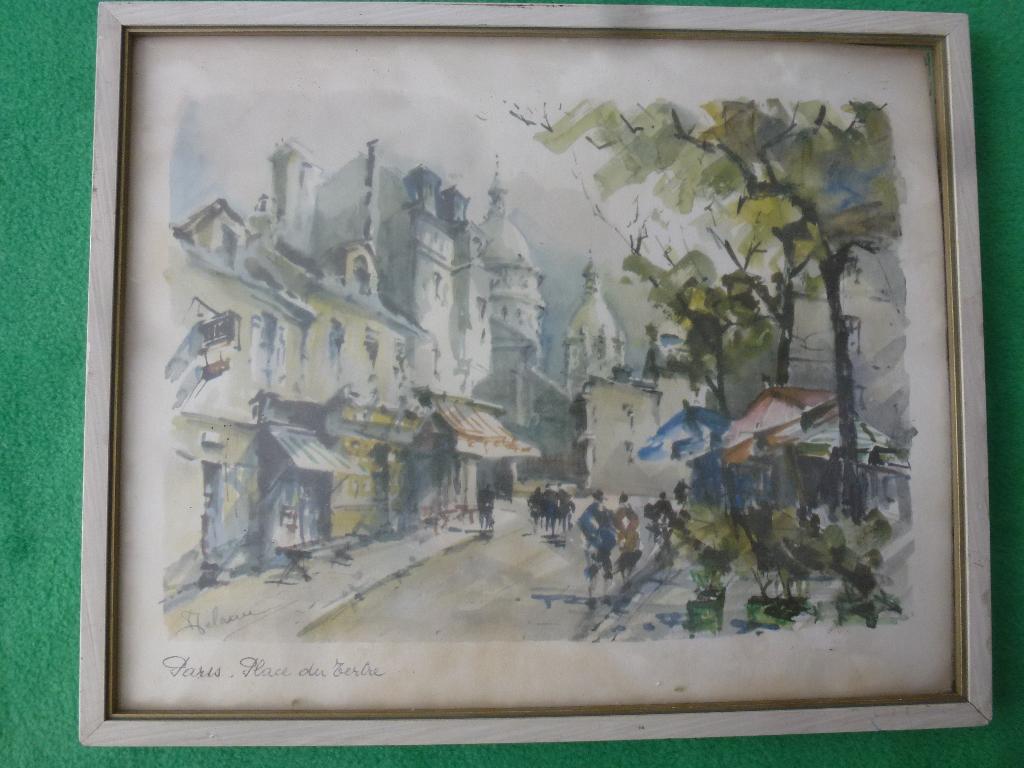 Oude aquarel "Place de Tertre" Milau Paris (ingelijst), Antiek en Kunst, Ophalen of Verzenden
