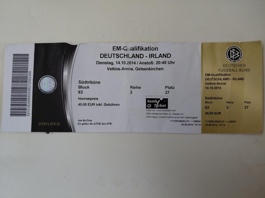 Voetbalkaartje Duitsland-Ierland 2014, Tickets en Kaartjes, Eén persoon, Oktober