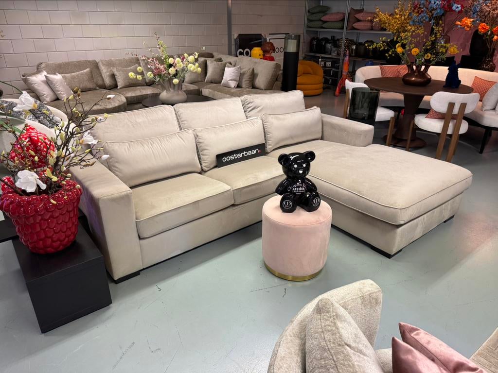 Luxe Velvet Loungebank Costa 270x200cm Quartz903 Beige Uniek, 250 tot 300 cm, Info@oosterbaanwonen.nl, Venus 31 8448CE Heerenveen