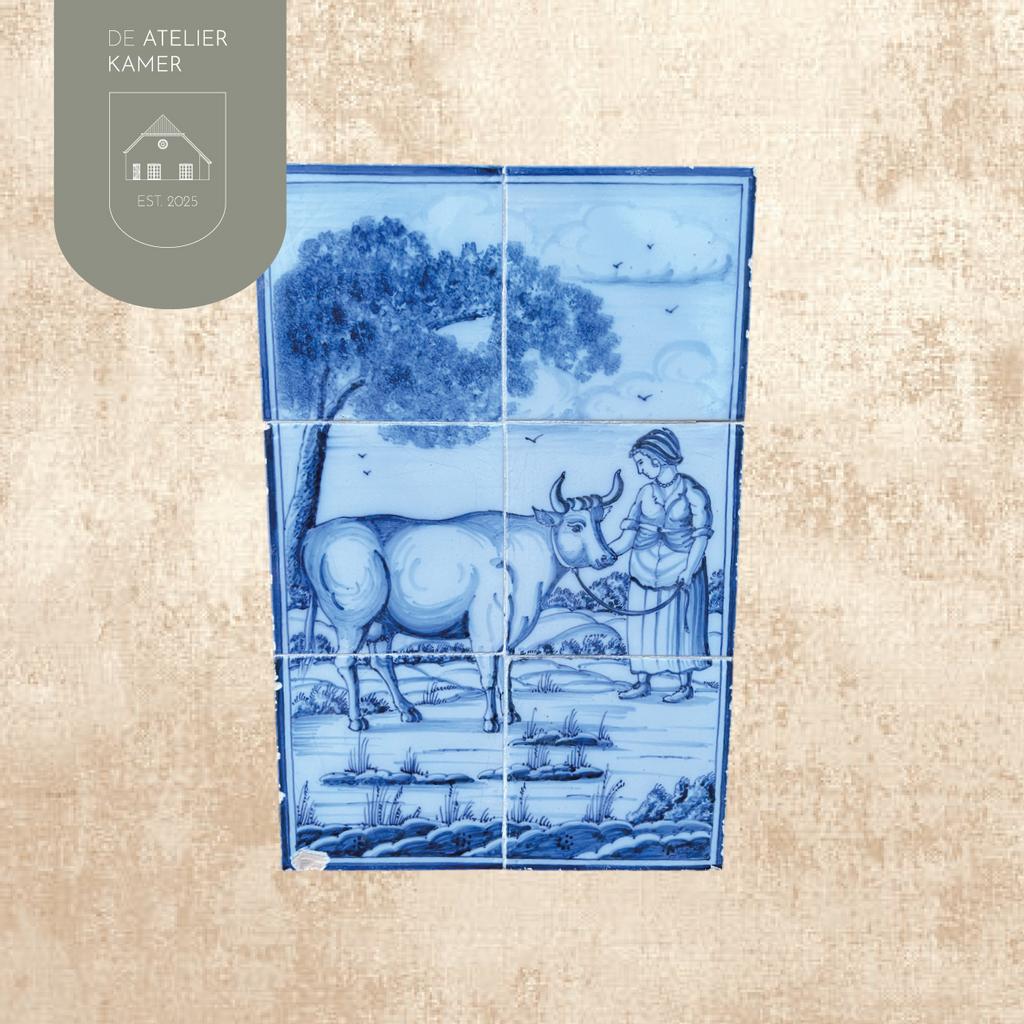 Delfts blauwe tegeltableau met koe en boerin, Ophalen of Verzenden