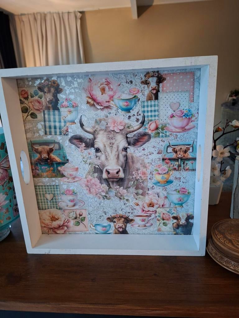 Landelijk dienblad met schattige koeien!, Huis en Inrichting, Woonaccessoires | Dienbladen, Nieuw, Hout, Ophalen of Verzenden